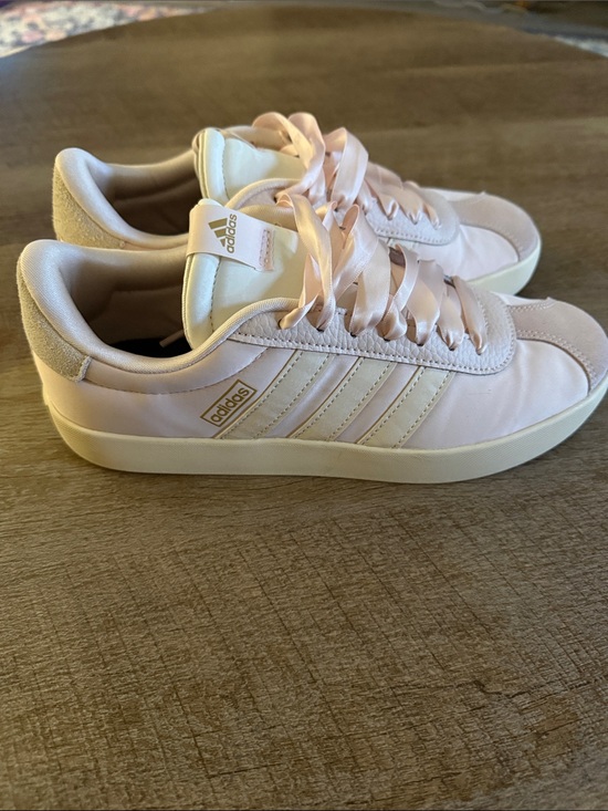 adidas Shoes - adidas Pink Satin-Lace Sneakers with Cream Accents